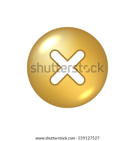 Cross sign gold element. Golden metal X icon isolated on white background. Mark graphic design. Volume button for vote, decision, web. Symbol error, check, wrong stop, failed. Vector illustration