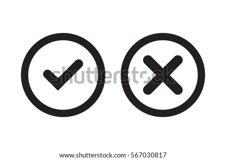 Tick and cross black signs. Gray checkmark OK and X icons, isolated on white background. Simple marks graphic design. Circle symbols YES and NO button for vote, decision, web. Vector illustration