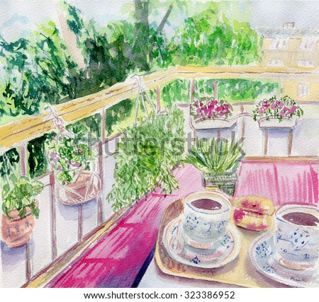 Two coffee on the balcony of a summer day. Hand drawn watercolor illustration 