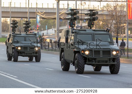 MOSCOW - MAY 4, 2015: Military vehicles on Leningradsky Prospekt in rehearsal for the Victory Day parade
