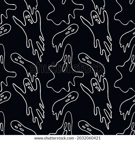 Hand drawn seamless Halloween pattern.The contours of the ghosts b on a black background. Vector illustration.