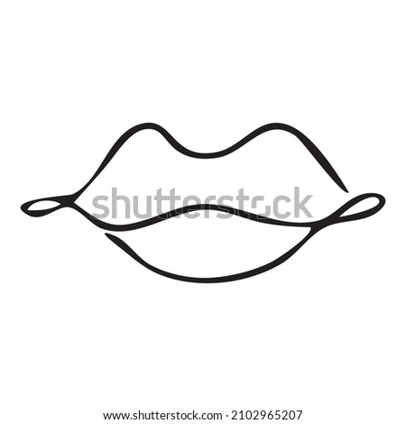 Hand drawn woman lips logo.  Continnuous one line design element  for postcards, banner, web and template. Vector illustration.