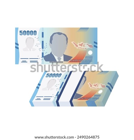 Set of Indonesia banknotes money front side of 50000 rupiah simple flat illustration.