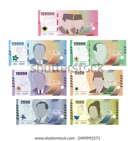 Set of Indonesia banknotes money front side of every value rupiah simple flat Vector illustration.