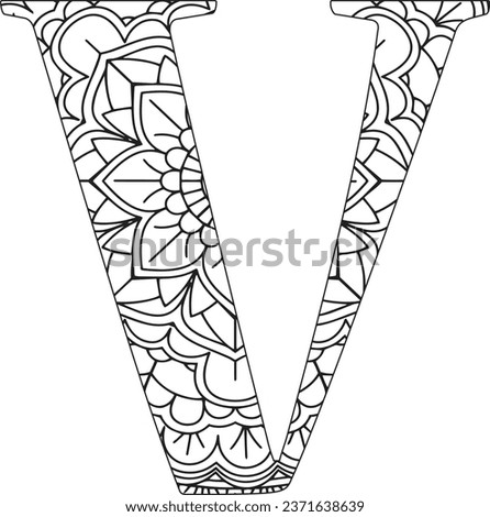 Vector Coloring page for adults. Contour black and white Capital English Letter V on a mandala background