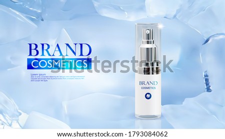 Cosmetic brand product with ice background. Beautiful flyer or banner for cosmetic ads.Realistic vector illustration.