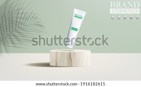 cosmetic product mock up on wood podium with green background, cosmetics product as beauty brand design.Realistic vector illustration .