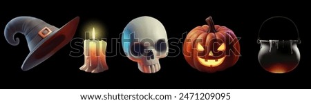 Halloween set of themed decorative elements for design.witch hat,candle,Skull,pumpkin,magic cauldron with potion . vector illustration