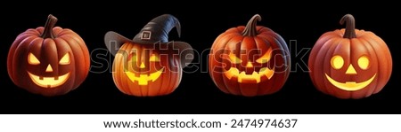 Set Carved halloween jack o lantern pumpkin on black background. The main symbol of the Happy Halloween holiday. A group of  lit spooky halloween pumpkins. Vector illustration.