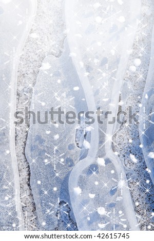 Christmas background with ice texture, small snowflakes and sparkling stars.