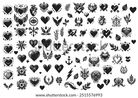 heart aesthetic set. Tattoo art signs of 2000s style. Y2k symbols