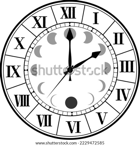 Retro, antique, wall clock with gorgeous design of Roman numerals, moon phase motif