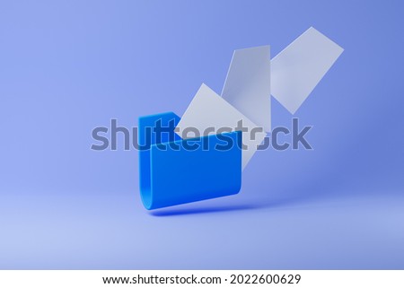 Blue computer folder with flying blank documents isolated over purple background. 3D rendering.