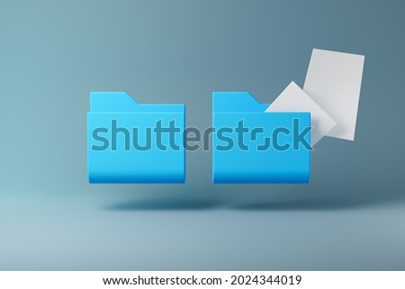 Blue folders and flying blank papers isolated over grey background. 3D rendering.