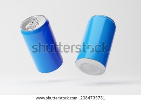 Falling blue aluminum soda cans isolated over white background. Mockup template. 3d rendering. Imagine de stoc © 
