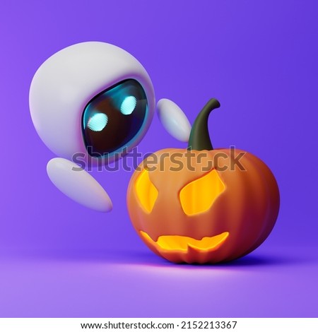 Cute robot holding Halloween pumpkin isolated over purple background. Technology concept. 3d rendering. Foto stock © 