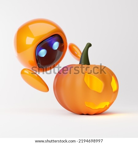 Cute robot holding Halloween pumpkin isolated over white background. Technology concept. 3d rendering. Foto stock © 