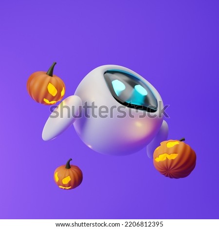 Cute robot flying among Halloween pumpkins isolated over purple background. Technology concept. 3d rendering. Foto stock © 