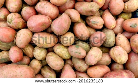 Young potatoes close-up from above, fruit potatoes in a box, purple potatoes, potato background, unpeeled potatoes, harvest