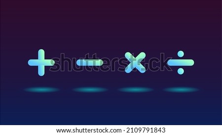 Background with vector math symbols multiplication subtraction division and plus, plus minus divide multiply in neon style, place for text