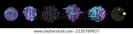 Retro futurism shapes, geometric fluid elements. Holographic backlighting in the 80s - 90s. Futuristic vaporwave design. Fashionable forms for merch and t-shirts. Vector set of glitch elements. Pacman