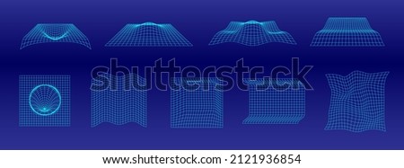 Mesh surface set, cyberpunk style illustration blank set, mesh curved surface templates, perspective surface mesh, wave grid template