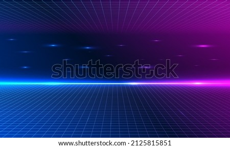 80s Retro Sci-Fi Background Futuristic Grid landscape. Digital cyber surface style of the 1980`s. 3D illustration, Double infinite grid bottom and lights forward