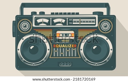 Retro portable stereo radio cassette recorder. Vector illustration. Soft green boombox, cassette tape, art image illustration, isolated on beige background, old mix tape vintage retro cassette design 