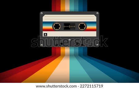 Retro musiccasette with retro colors eighties style, cassette tape, vector art image illustration, mix tape retro cassette design, Music vintage and audio theme,  Synthwave and vaporwave template
