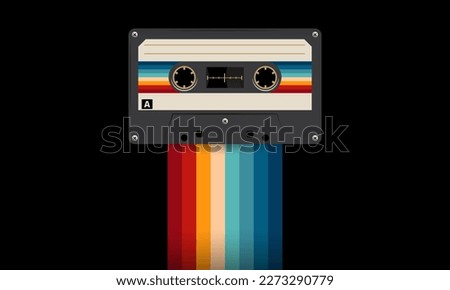 Retro musiccasette with retro colors eighties style, cassette tape, vector art image illustration, mix tape retro cassette design, Music vintage and audio theme,  Synthwave and vaporwave template
