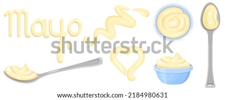 A set of cartoon spots, inscriptions, bowls and spoons with mayonnaise from the top and front. Vector isolated elements for promotional on banners, flyers, food apps or more.