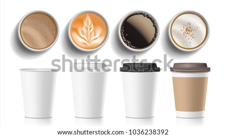 Coffee Cups Top View Vector. Plastic, Paper White Empty Fast Food Take Out Coffee Menu Mugs. Various Ocher Paper Cups. Breakfast Beverage. Realistic Isolated Illustration
