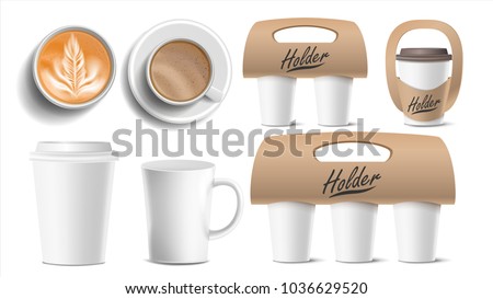 Coffee Packaging Vector. Mockup Shop Paper, Plastic Coffee Cup. Top, Side View.  Holder For Carrying, One, Two, Three Cups. Hot Drink. Take Away Cafe Brand Identity Mockup. Illustration