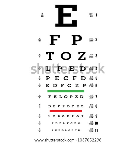 Eye Test Chart Vector. Letters Chart. Vision Exam. Optometrist Check. Medical Eye Diagnostic. Sight, Eyesight. Optical Examination. Isolated On white Illustration
