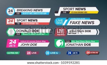 TV News Bars Set Vector. Sign Of Lower Third. Label Strip, Icon. Media Tag For Television Broadcast. Isolated Illustration
