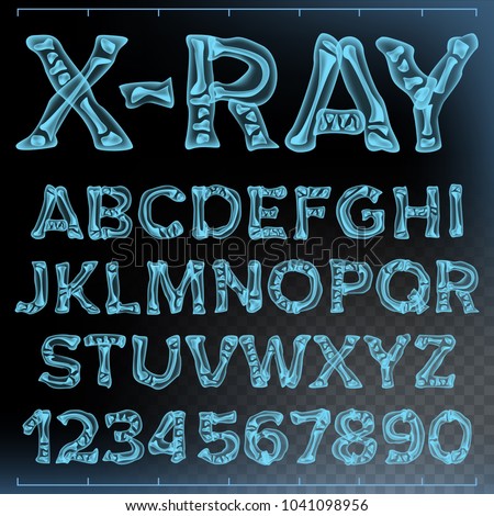 X-ray Font Vector. Transparent Roentgen Alphabet. Radiology 3D Scan. Abc. Blue Bone. Medical Typography. Capitals Letters And Numbers. Isolated Illustration