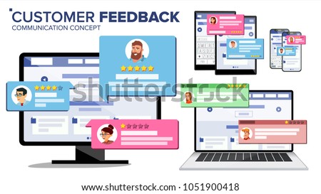 Feedback Customer Review Page On Computer Monitor, Laptop, Tablet, Mobile Phone Vector. Client Testimonials. Website Rating Feedback And Review Concept. Isolated Flat Illustration
