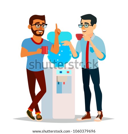 Water Cooler Gossip Vector. Modern Office Water Cooler. Laughing Friends, Office Colleagues Men Talking To Each Other. Communicating Male. Isolated Flat Cartoon Character Illustration