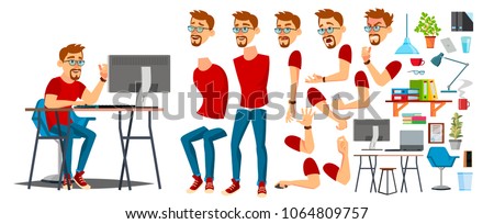 Designer Cartoon Worker Character Vector. Working On Pc Male. Office Designer Animation. Creative Studio. Animation Set. Bearded Salesman, Designer. Face Emotions, Expressions.  Illustration
