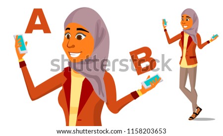 Arab Woman Comparing A With B Vector. Good Idea. Carrying A Balance. Blogger Review. Compare And Choose. Isolated Flat Cartoon Illustration
