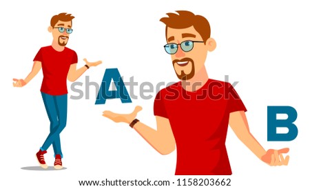 European Man Comparing A With B Vector. Good Idea. Carrying A Balance. Blogger Review. Compare And Choose. Isolated Flat Cartoon Illustration