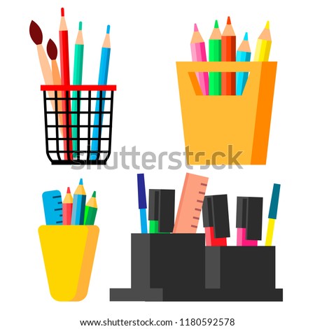 Pen Stand Set Vector. Brush, Pencil, Paint Brush. Isolated Cartoon Illustration