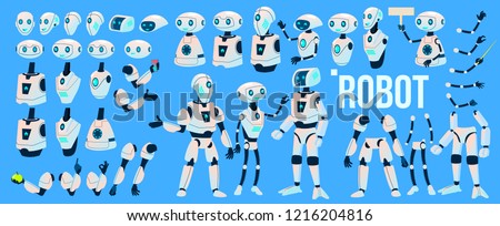 Robot Vector. Animation Set. Futuristic Technology Automation Robot Helper. Cybernetic Ai Machine. Animated Artificial Intelligence. Web Design. Isolated Illustration