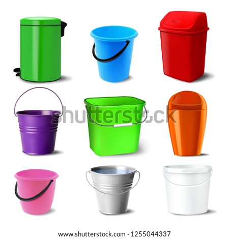 Bucket Set Vector. Bucketful Different Types. Classic Jar With Handle, Tin, Bitbucket Plastic And Metal Pail Empty. Garden, Household, Office Equipment. Isolated Realistic Illustration
