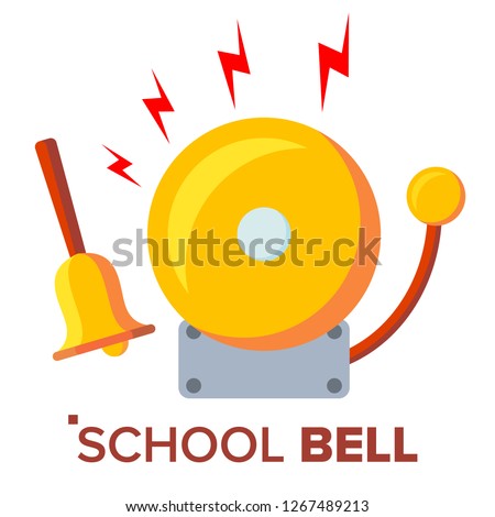 School Bell, Ring Vector. Ringing Classic Electric Bell And Hand Gold Metal Ring Isolated Cartoon Illustration