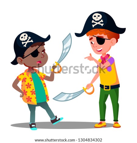 African And White Kids Play Pirates And Fighting With Sabers In Pirate Caps Vector. Isolated Illustration