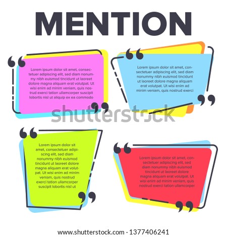Mention Quotation Template In Frame Quotes Vector. Creative Innovative Colored Speech Texting Boxes Mention Modern Typography Design. Color Paper Isolated On White Background Flat Cartoon Illustration