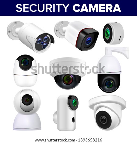 Video Surveillance Security Cameras Set Vector. Collection Of Different Control Recording And Inspection Electronic Cameras. Protection Property System Technology Realistic 3d Illustration