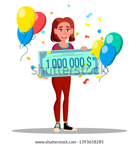 Character Happy Woman Holding Bank Check Vector. Lucky Female Won Jackpot In Lottery Check For One Million Dollars. Girl With Cheque, Balloons And Confetti Flat Cartoon Illustration