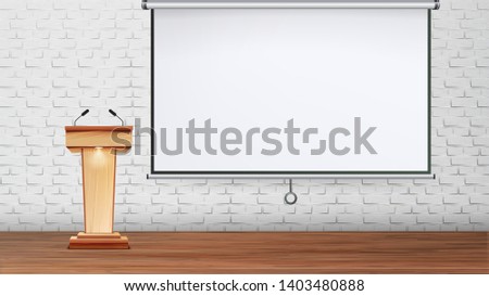 Design Presentation Or Conference Room Vector. Wooden Tribune With Microphones For Lecturer Speech For Conference And Projector Screen On Brick Wall Background. Realistic 3d Illustration